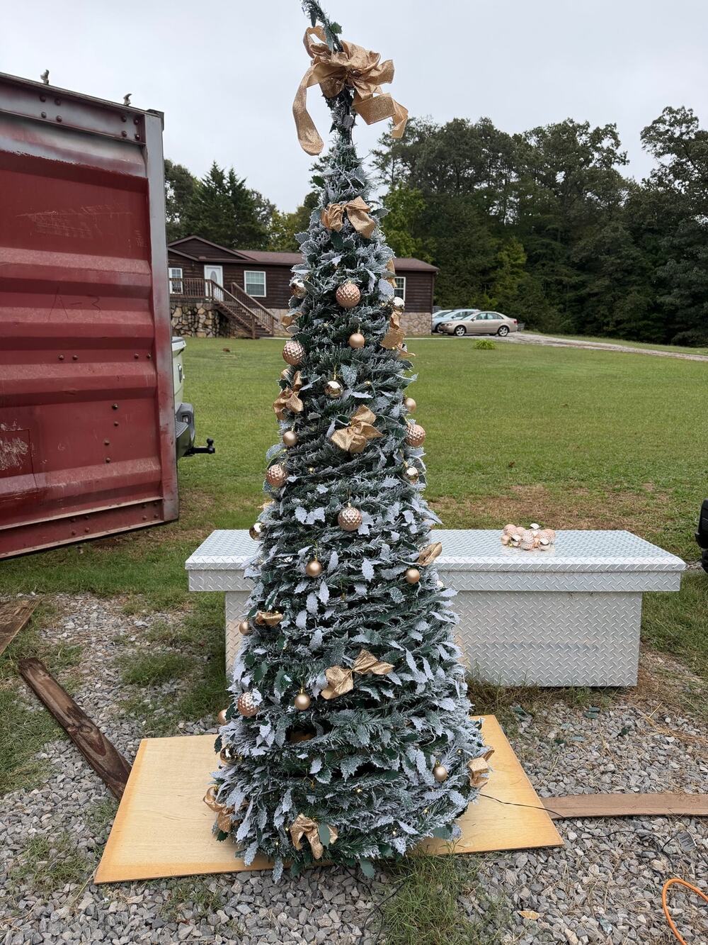 Pre-Lit Pop Up Pencil Christmas Tree Flocked Collapsible Gold Ornaments Bows